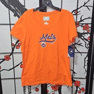 New York‎ Mets MLB Baseball V Neck Orange Tee Size Large New Majestic